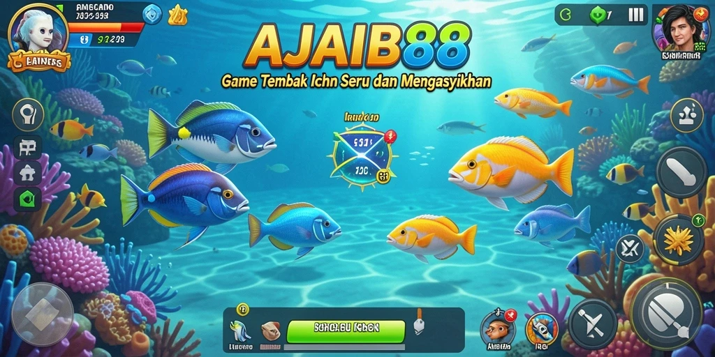 Tampilan gameplay AJAIB88 dengan ikan berwarna-warni sedang ditembak.