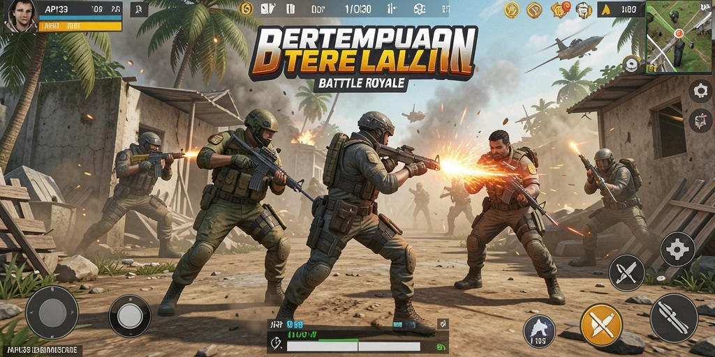 Screenshot dari gameplay <strong>API33</strong> dengan aksi pertempuran Battle Royale.
