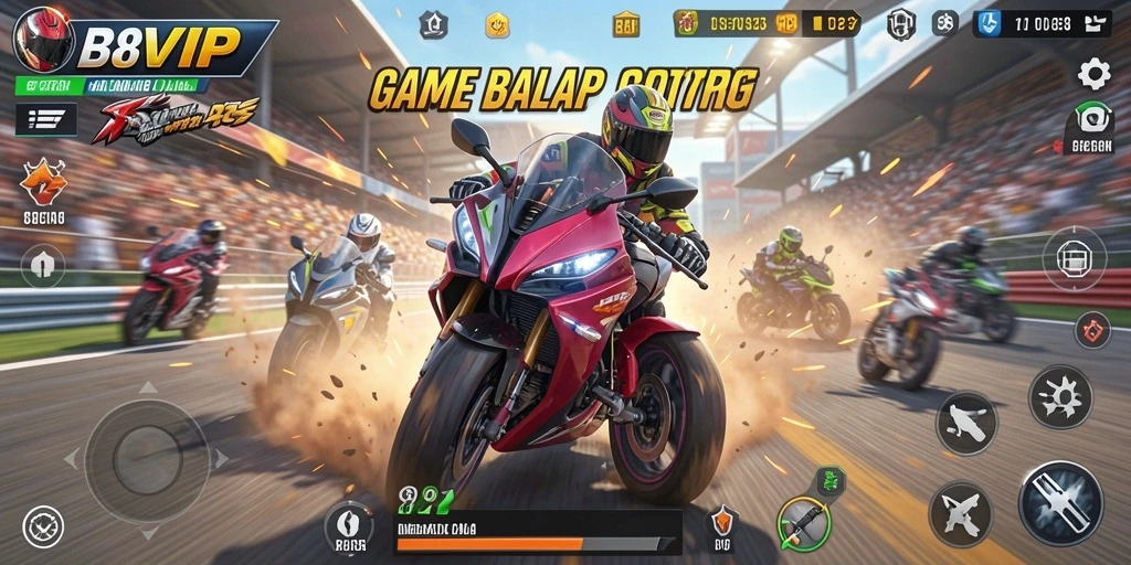 Gameplay mendebarkan B8VIP dengan aksi balap motor seru.