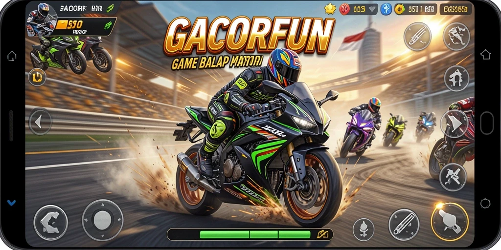 Gameplay seru GACORFUN dengan balapan motor di lintasan menegangkan.