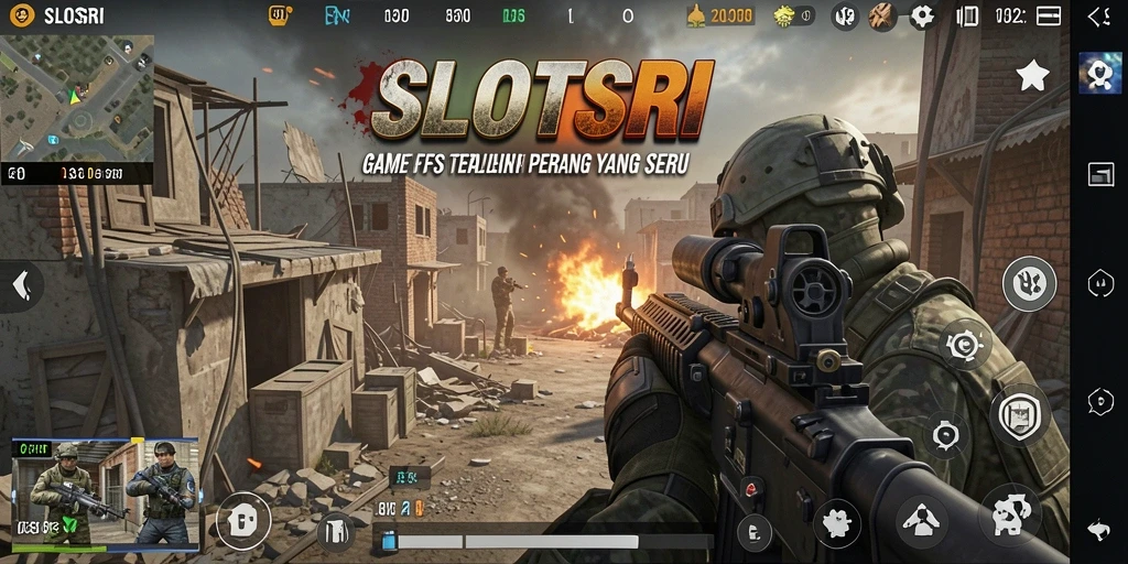Tangkapan layar utama SLOTSRI menampilkan aksi pertempuran FPS yang mendebarkan.