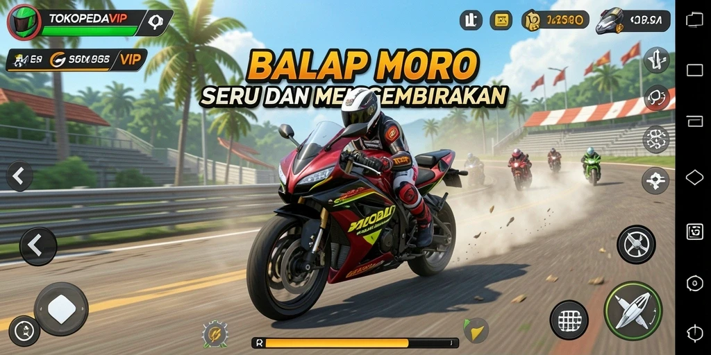 Screenshot menunjukkan aksi balap motor yang intens dan menarik.